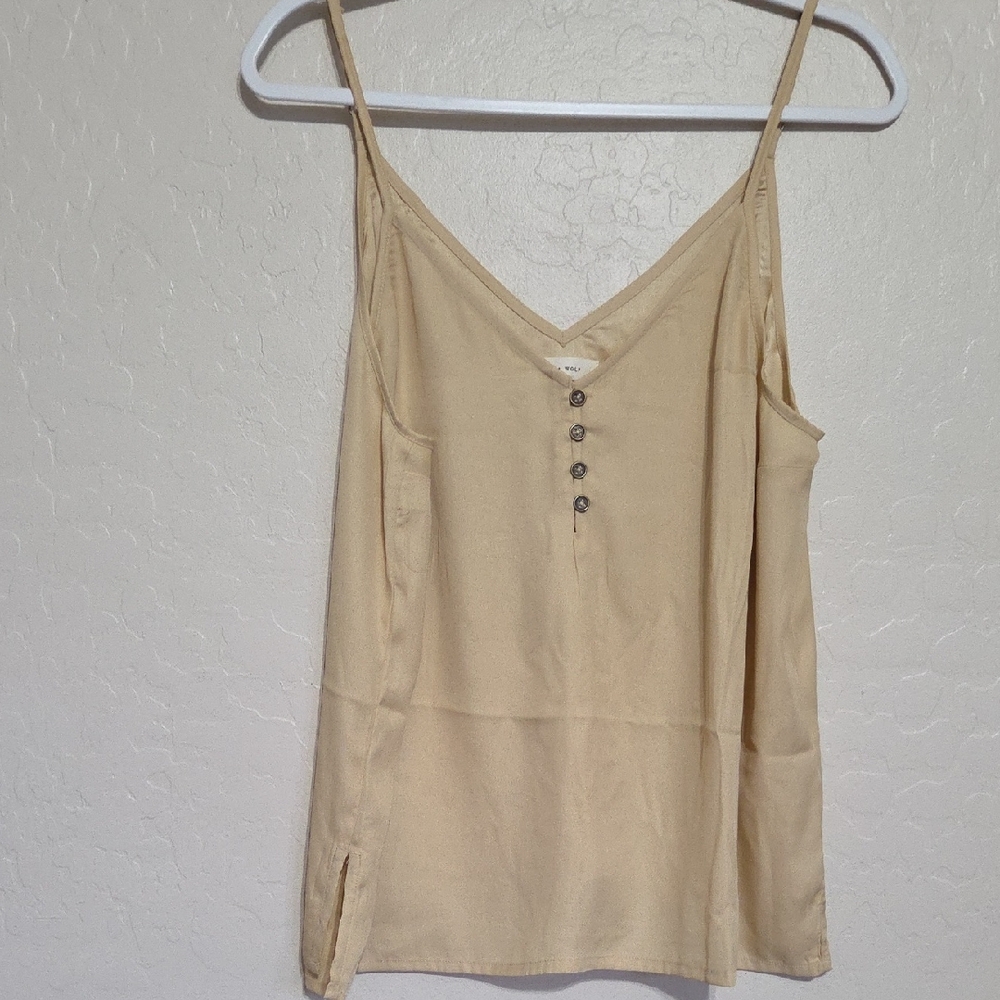 Delicate Tan Satin Spaghetti-Strap Cami with Button Detail